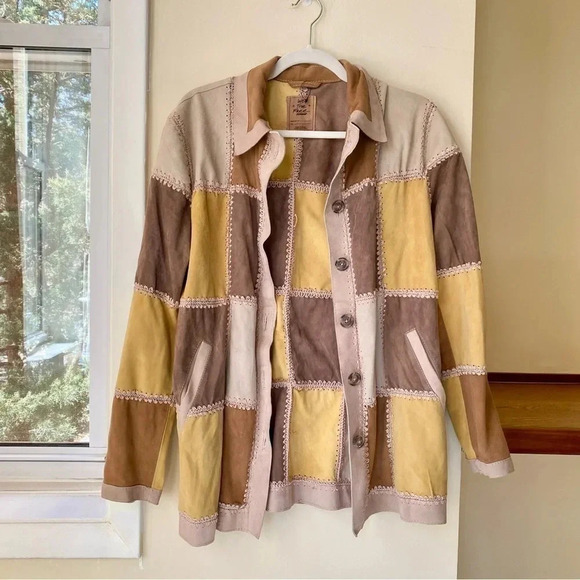 New Free People Suede Chore Patchwork Leather Jacket Edie Crochet Brown Tan - Picture 16 of 17